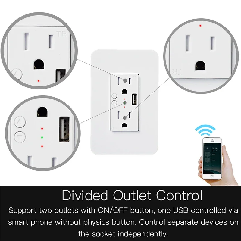 Wifi Smart Wall Power Outlets Plug with 2 USB Socket Smart Life/Tuya APP Remote Control Anywhere Work with Alexa Google Home