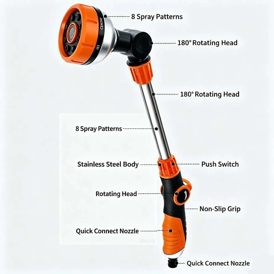 Car Wash Garden Sprayer Anti Slip ABS TPR Multifunctional 8 Patterns Powerful Hose Nozzle for Auto Cleaning & Agriculture gallery 5