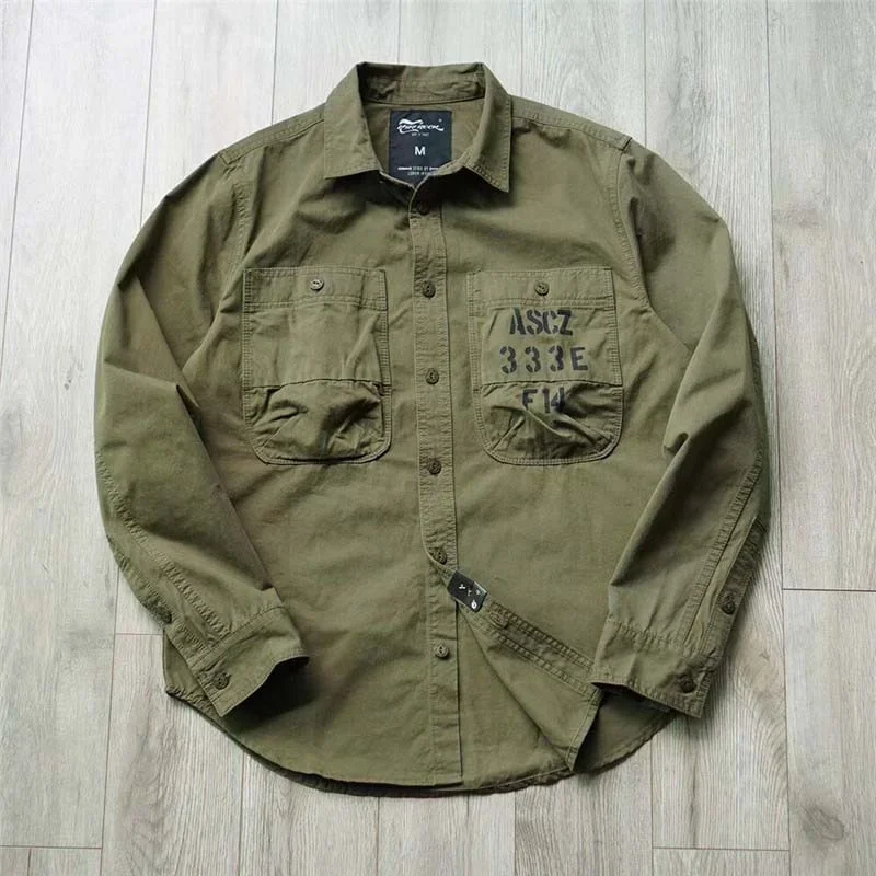 

AMEKAJI Large Pocket Tops Men's Casual Shirt Trendy American Military Style Printed Work Coat Outdoor Trekking Cargo Clothing