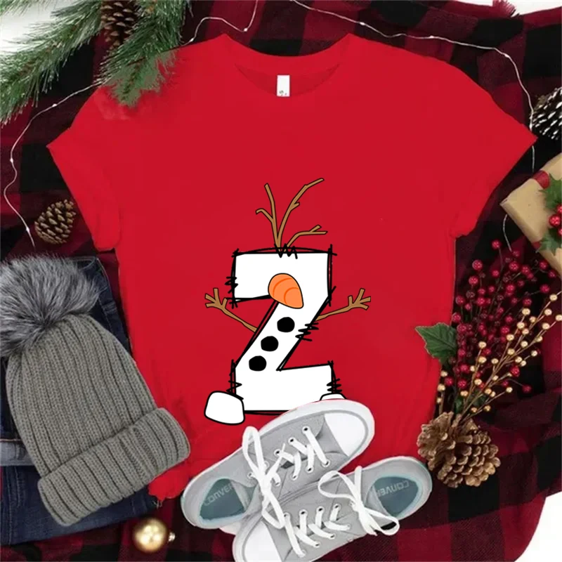 Funny Snowman Christmas Alphabet A-Z Print Women Red T Shirt Harajuku Fashion Crew Neck T-Shirt Cartoon Letter Streetwear Tshirt