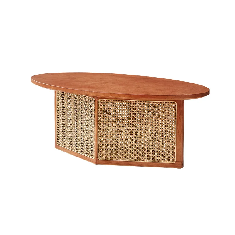 Japanese retro solid wood rattan special-shaped coffee table combination living room home log style