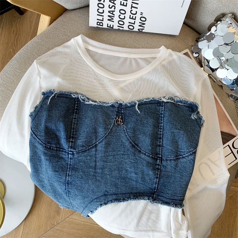 Bomon Fall 2024 American Retro Sweet Cool Spice Short denim mesh patchwork top Base Long sleeve irregular T-shirt for women