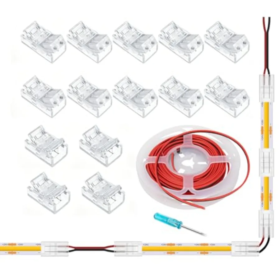

COB LED Strip Light Connectors Kit, 2 Pin 8mm Solderless Transparent Strip to Wire Quick Connection 10 Pack and 4 PCS Gapless C