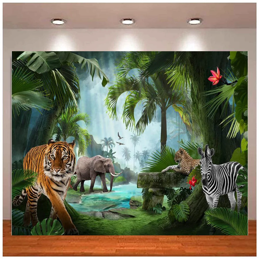 Photography Backdrop Primitive Forest Tiger Wild Animal Baby Photo Background Jungle Birthday Party Decor Banner