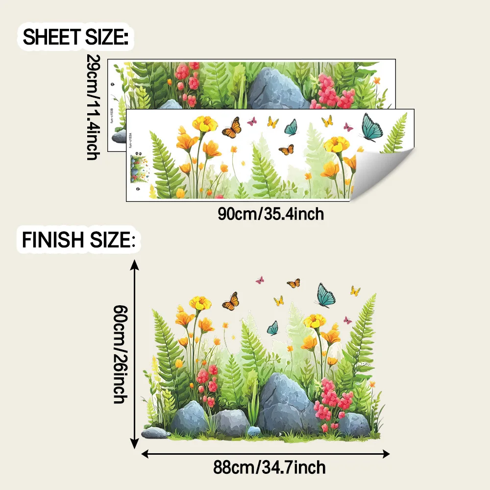 2pcs Watercolor Grass and Flower Clusters and Butterflies, Living Room Entrance Wall Base Decoration Wall Stickers
