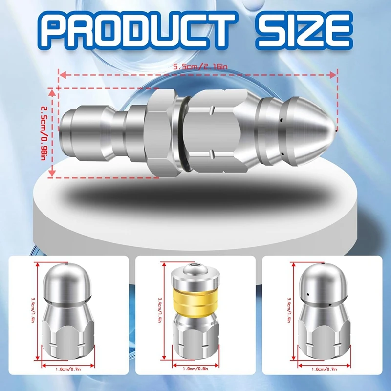 Sewer Jet Nozzle Kit, Stainless Steel Sewer Jetter 1/4 Inch NPT for Pressure Washer, 1/4 Quick Connect, 5000PSI