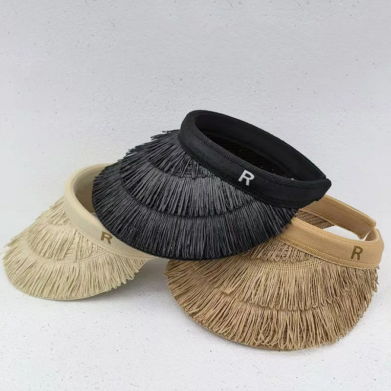 New summer empty top women's straw braid fringe sunhat is a sunhat with sunblock UV beach holiday