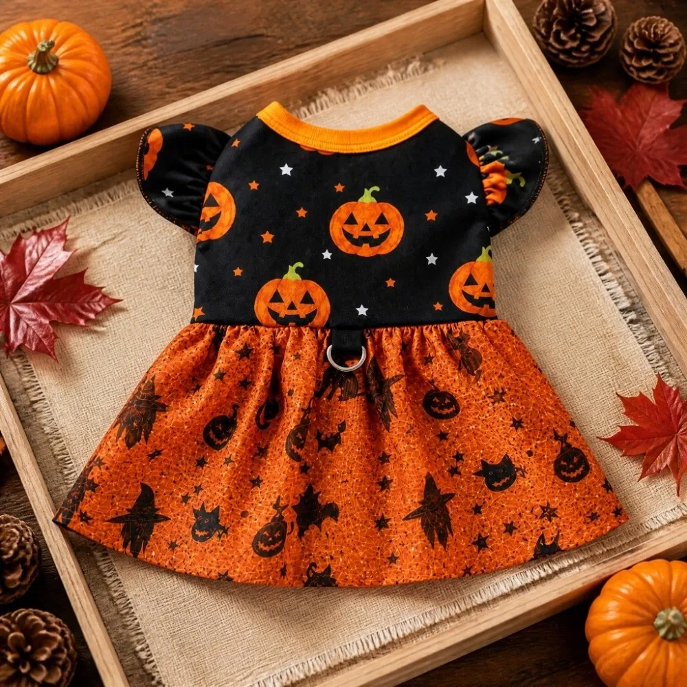 Pet Costume Breathable Halloween Pet Dress Color-blocking Comfortable Dog Shiny Dress Soft Dog Pumpkin Print Dress Holiday Wear