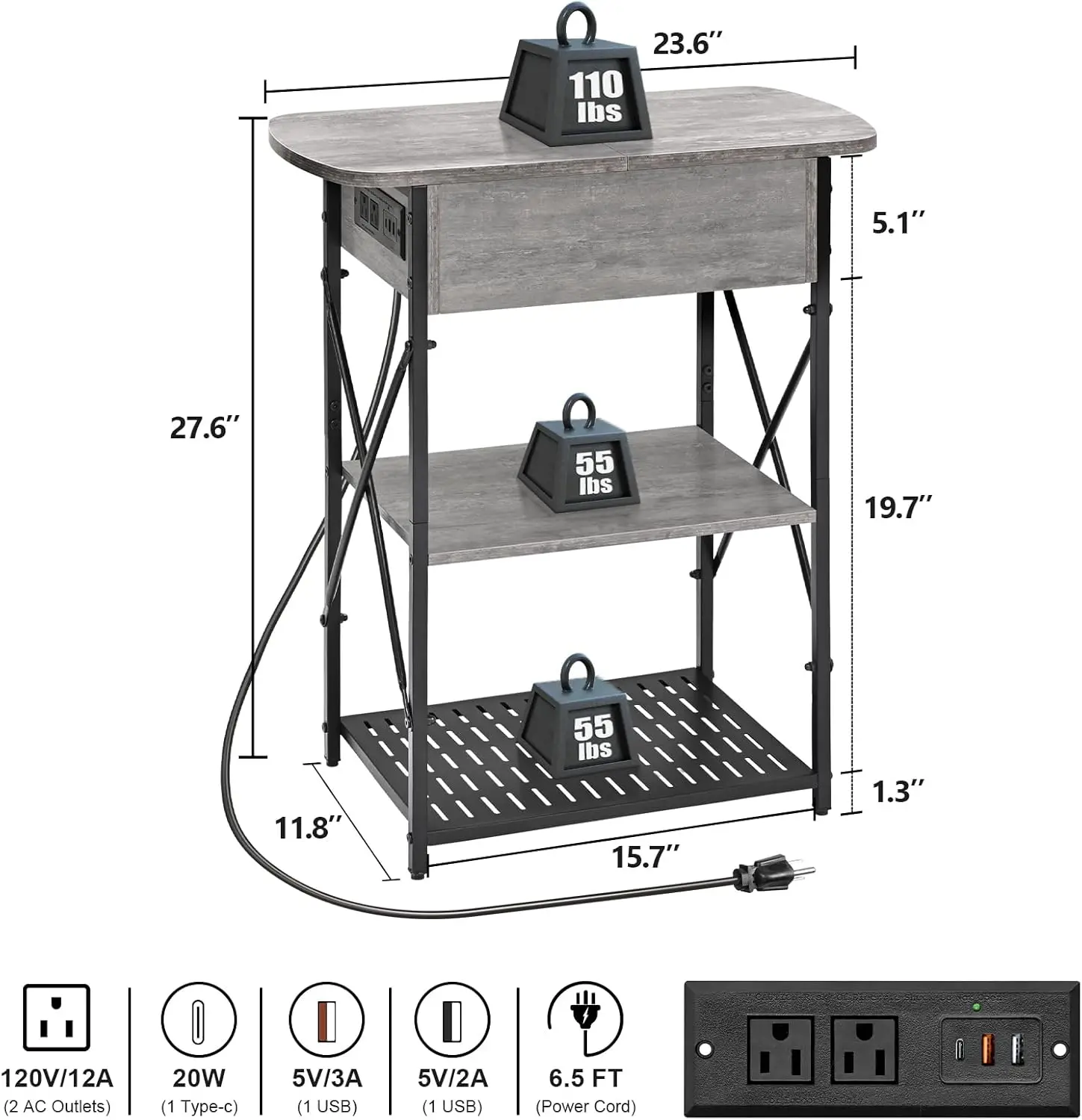 

Narrow End Table With Charging Station, Grey Side Table With 3 Usb Ports And 2 Ac Outlets, Flip Top End Table With Storage,