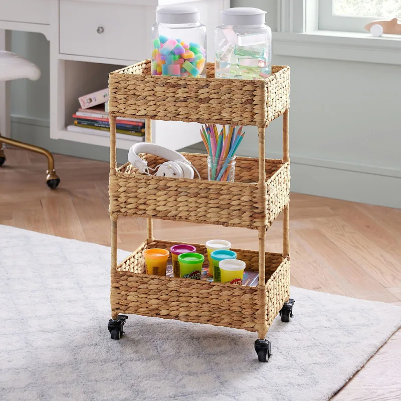 Nordic wind pulley straw storage sundries rack, hand-woven storage finishing rack, multi-layer storage basket