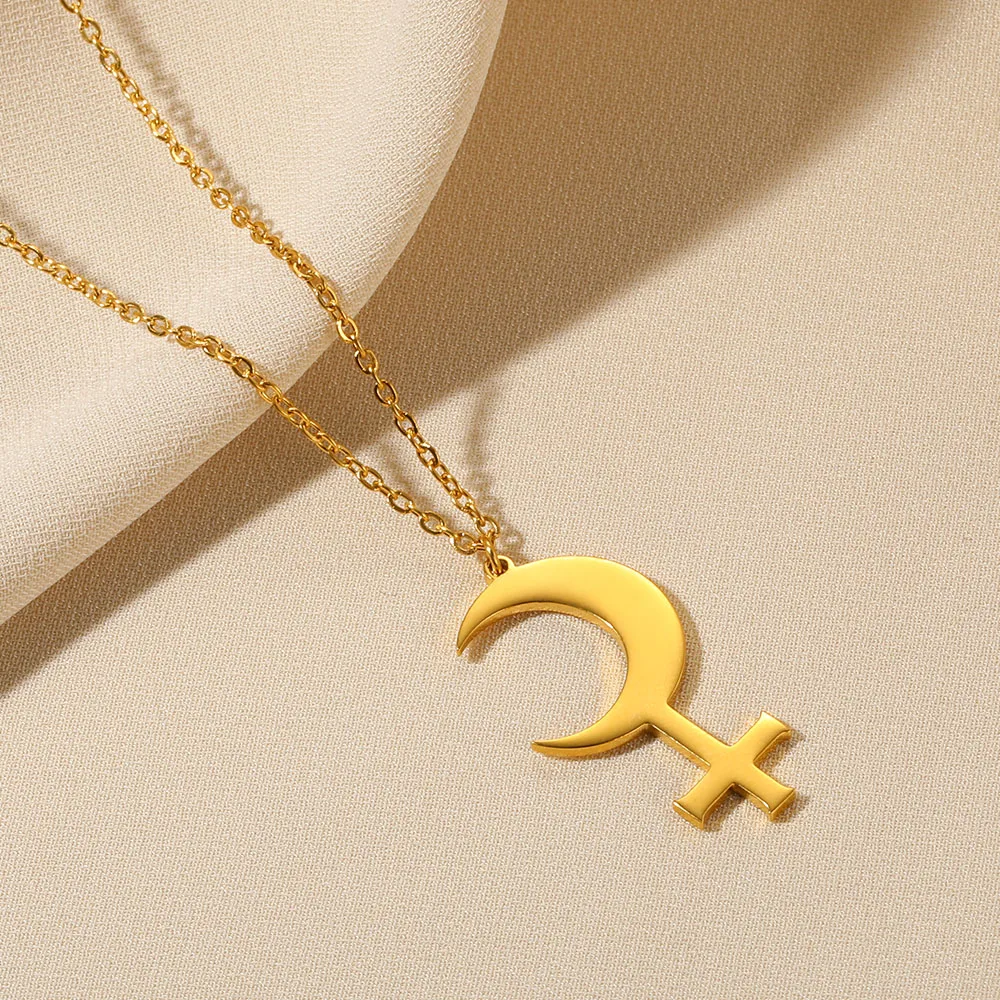 Gold Color Moon Cross Lilith Symbol Pendants Necklace For Women Stainless Steel Charms Astrological Symbol Sign Amulet Jewelry