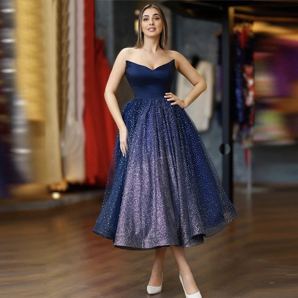 BridalAffair-vestidos de fiesta azul marino para mujer, falda de tul brillante con escote Corazón, vestido Formal de fiesta largo hasta el té, vestido de cóctel