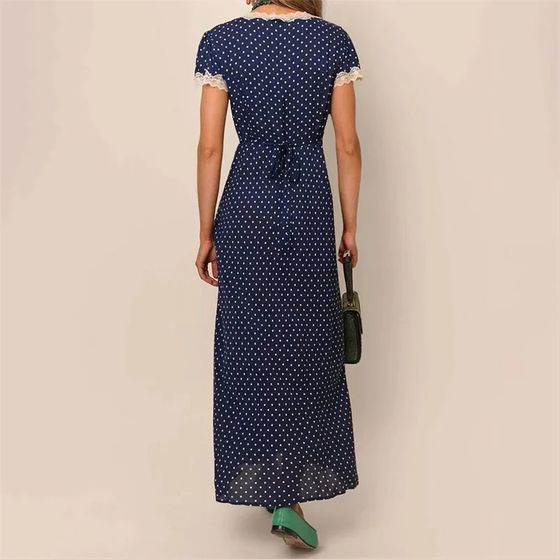 fashion summer dresses 2024 New Lace patchwork V-neck long dresses Polka dot printed short sleeved fishtail skirt Midi dresses