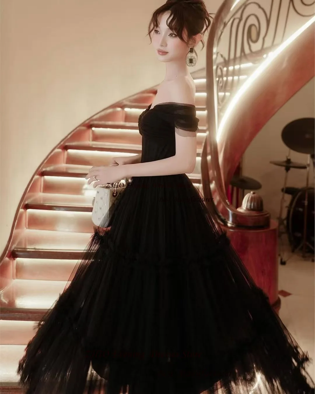 ZHIO Modern Sweetheart Organza A Line Abito da sera Abito con spalle scoperte Multi strati Zip Back Illusion Lunghezza caviglia Manica corta