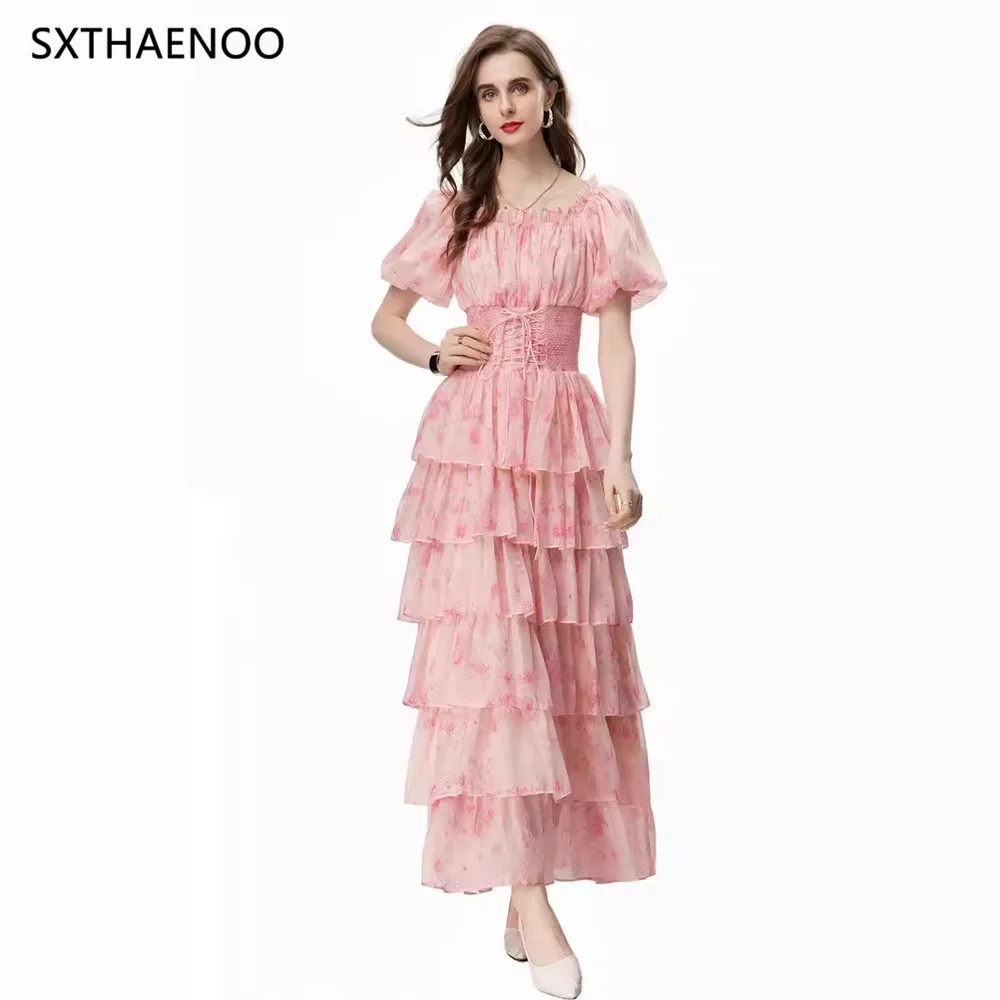 

SXTHAENOO Summer Long Dress Women's Square Collar Puff Sleeve Flower Print Ruffles Lace-up Elastic Waist England Style Dresses