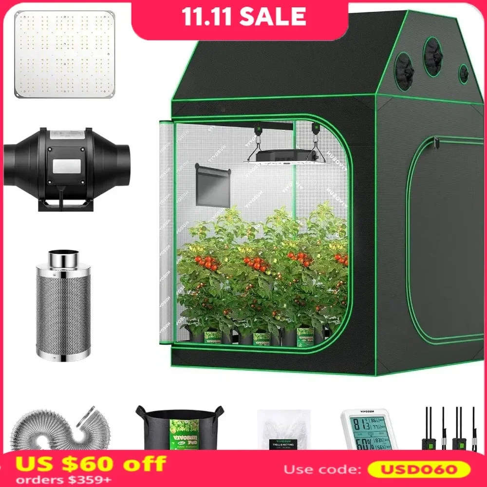 5x5 Grow Tent, VS1000E LED Grows Light, 5-Pack 5 Gallon Grow Bags, 4 Inch 190 CFM Inline Fan, trellis netting, Cube Grow Tent