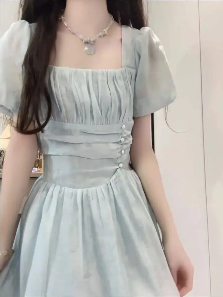 Été doux Fre collège Sle bleu col carré Dr femmes premier amour bulle Sve taille cintré fée a-ligne jupe