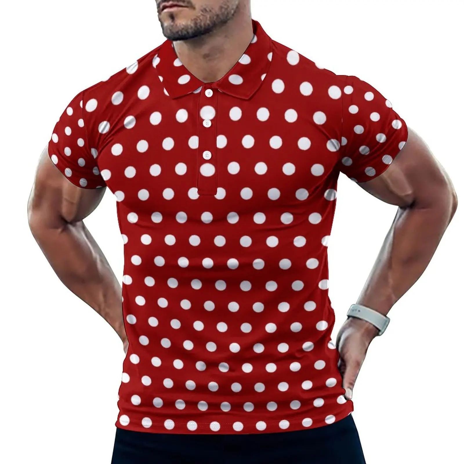 White Polka Dot Casual Polo Shirts Dark Red T-Shirts Short Sleeve Pattern Shirt Summer Y2K Oversized Clothing Gift