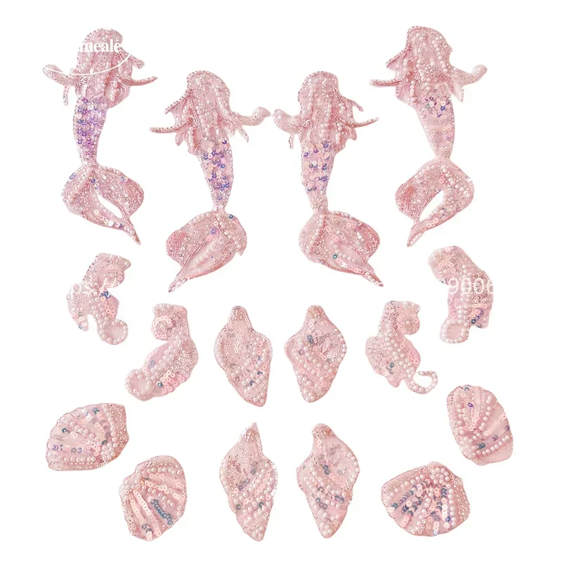 16PCS=1Set Beaded Mermaid, Scallop, Conch, Seahorse Patch 3D Applique for Children\'s Clothing Decoration DIY New Product .