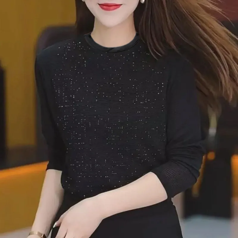Slimming Diamond Embellished Long Sleeve Women's Base Shirt Lace Cover up Fashionable Spring Autumn Half High Collar Mommy Ou...