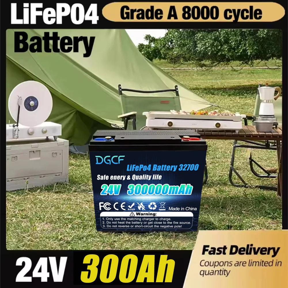 

24V 300Ah LiFePO4 32700 Lithium Battery Built-in 300A BMS Rechargeable Battery for RV Camper Solar Marine Overland Van