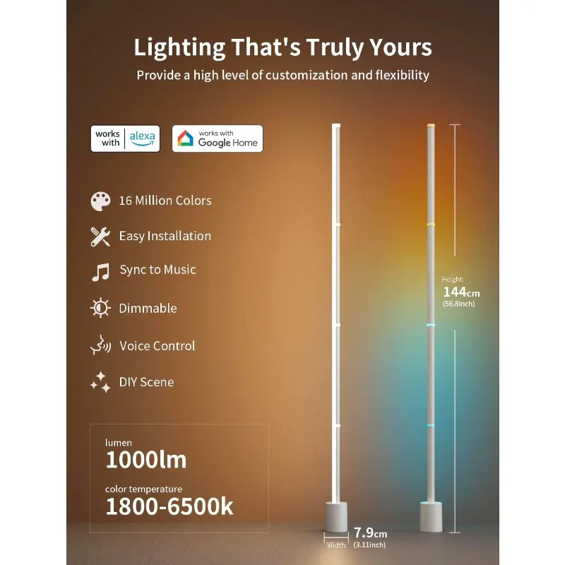 Smart Corner Floor Lamp, LED Floor Lamp with Alexa and App Control, 16 Million DIY Colors, Music Sync, DIY Color Modes