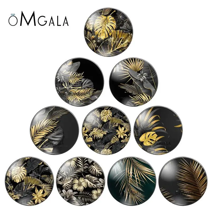Cabochon en Verre avec Photo Ronde, Feuilles Tropicales Noires et Dorées, 8mm/10mm 12mm/18mm/20mm/25mm, 10 Pièces