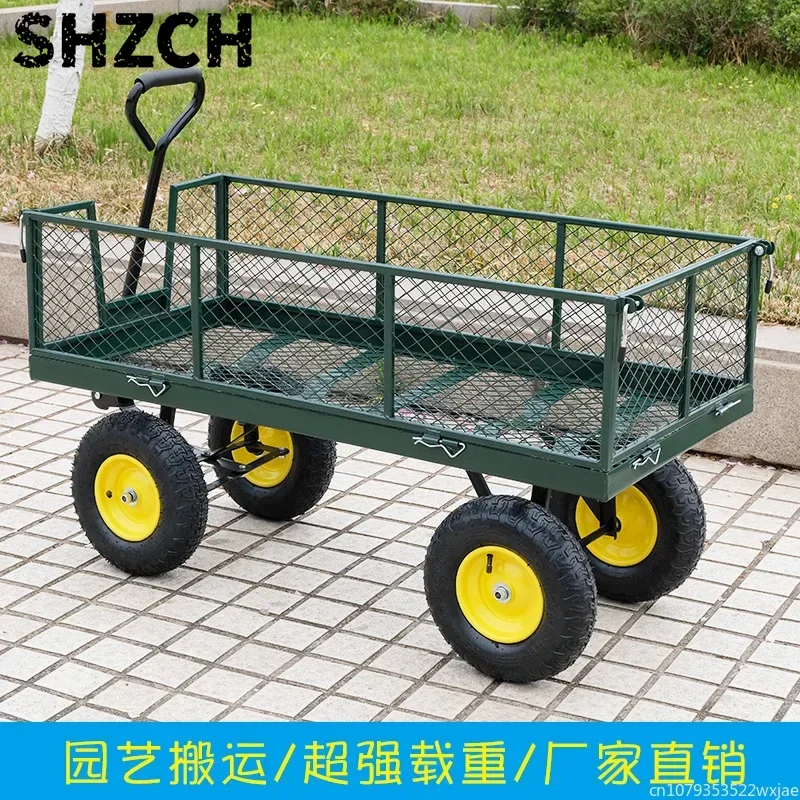 Household Garden Wagon Trolley Courtyard Camping Lawn 4 Wheel Barrow Outdoor Steel Folding Cart Beach Wagon Cart