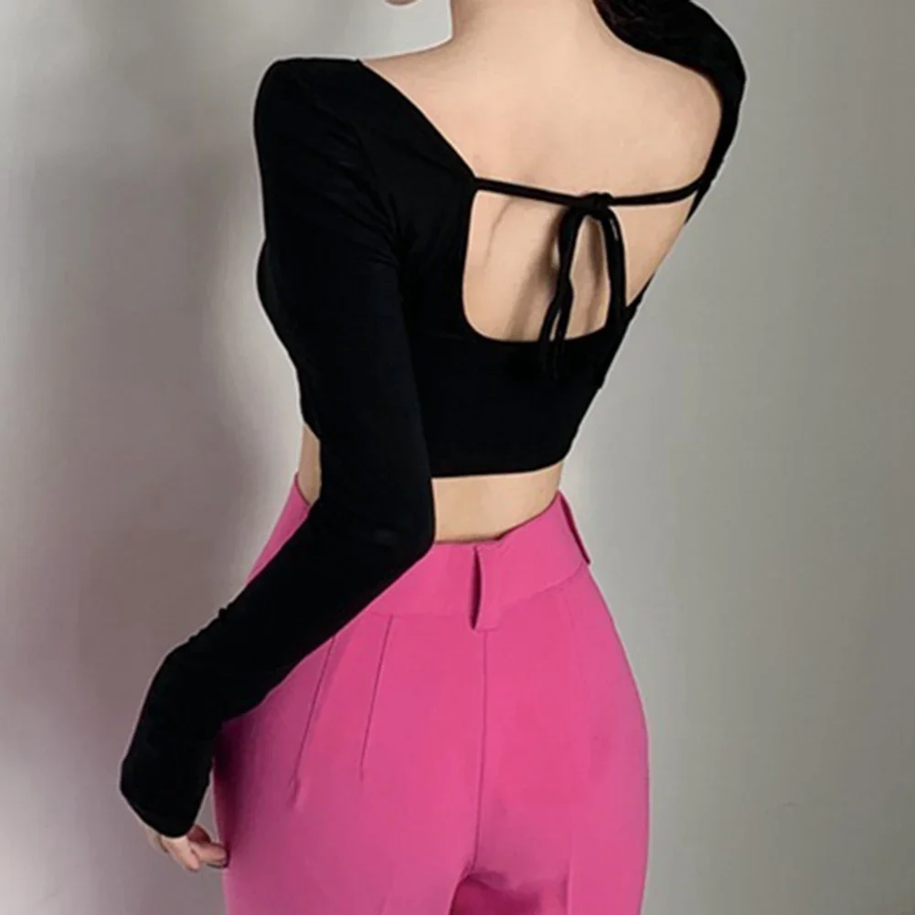 

Backless Design Long Sleeve Top Everyday Casual Outfits All Seasons Wear Casual Wide Leg Pants High Waist Design