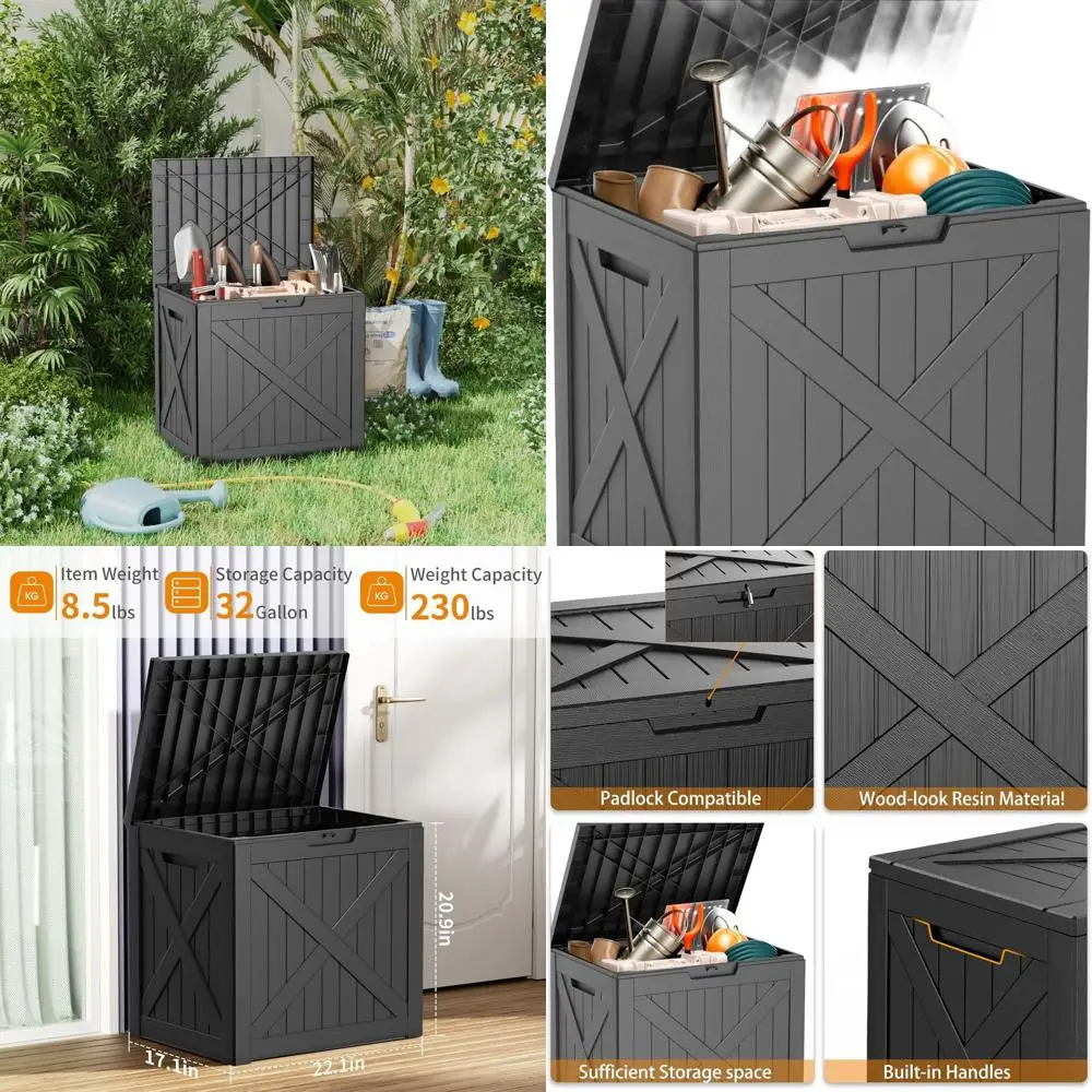 

32-галонный водонепроницаемый ящик для хранения на открытом воздухе с запираемой крышкой для мебели для патио, садовых инструментов, подушек и аксессуаров для бассейна