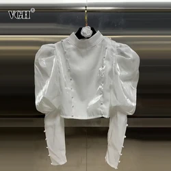 VGH Patchwork Zipper Solid Short Shirts For Women Stand Collar Puff Sleeve Spliced Button Minimalist Slimming Blouses Female New