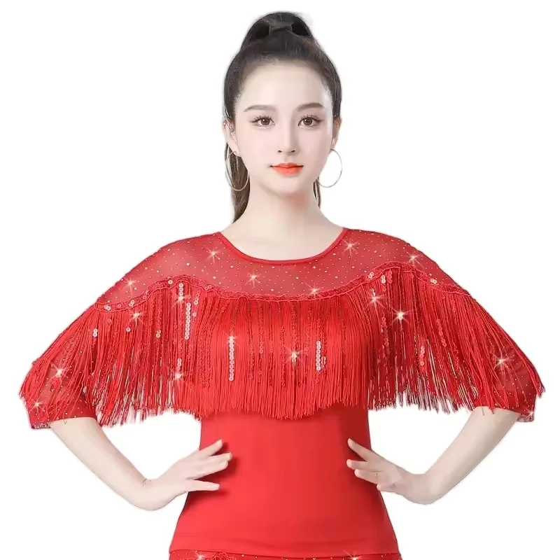 

NEW Adult Latin Dance Suit Gitaba Women Ballroom Sequin Costume Modern Dance Tassel Sexy Mesh Mid-Sleeve Social Dance Top M-4XL