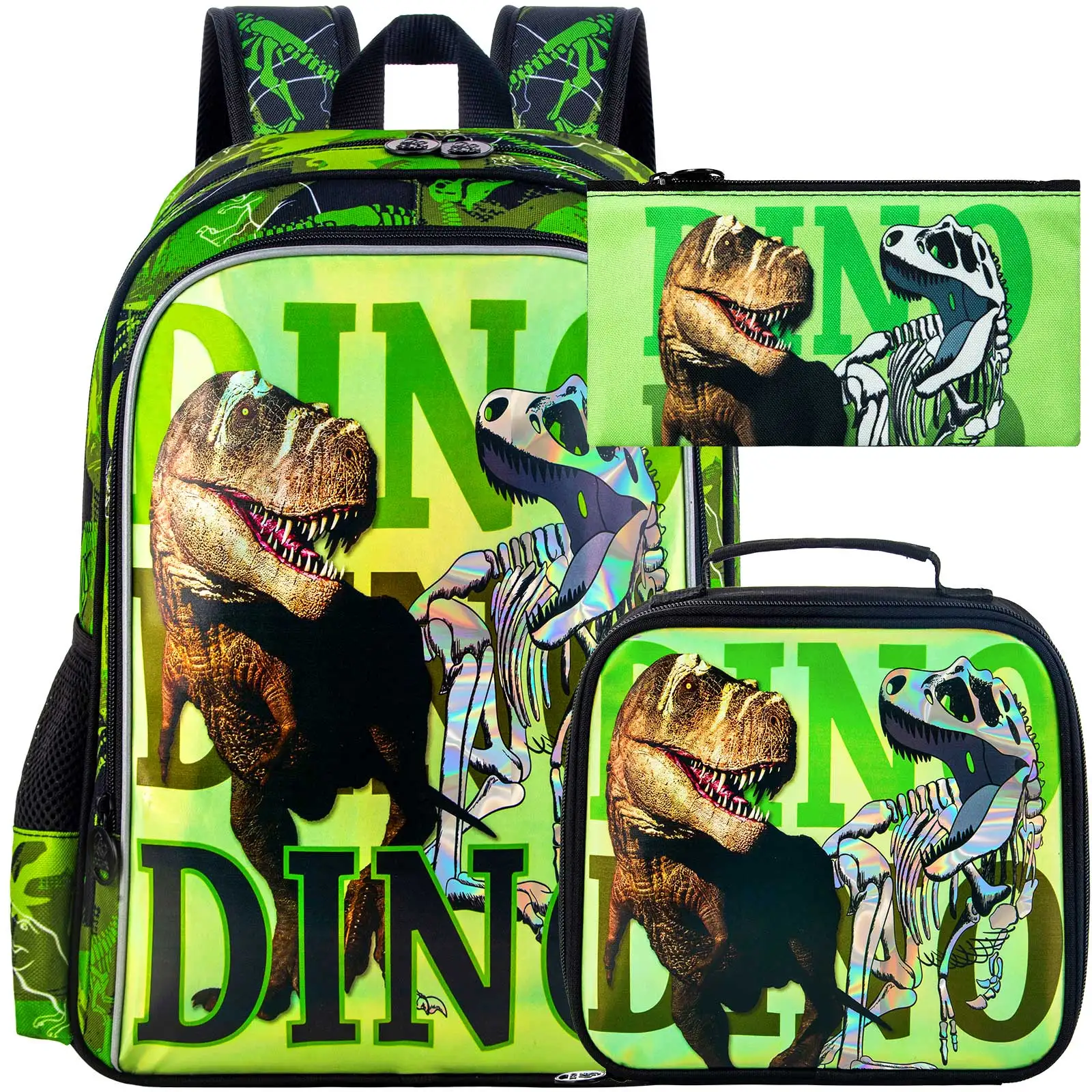 3PCS Dinosaur Backpack for Boys, 16 Inch Kids Water Resistant Preschool Bookbags, Cool Elementary Kindergarten School Backpacks