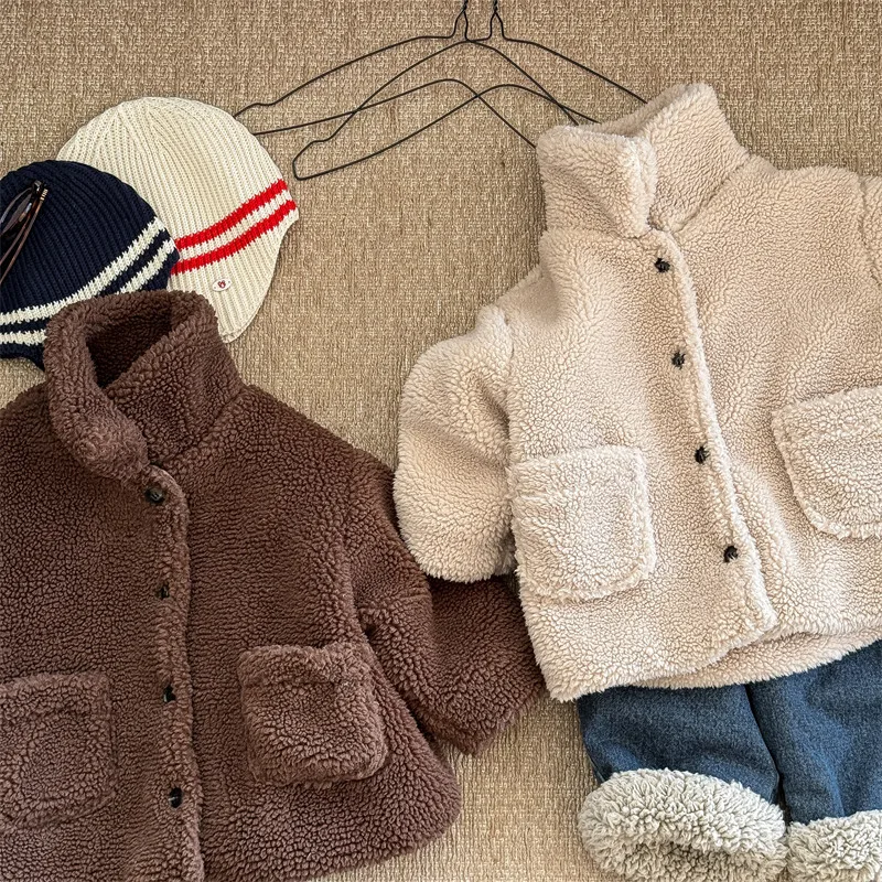 2025 Winter New Children Lamb Cashmere Coat Solid Boys Thick Warm Lapel Pocket Jacket Baby Girls Padded Jacket Kids Clothes