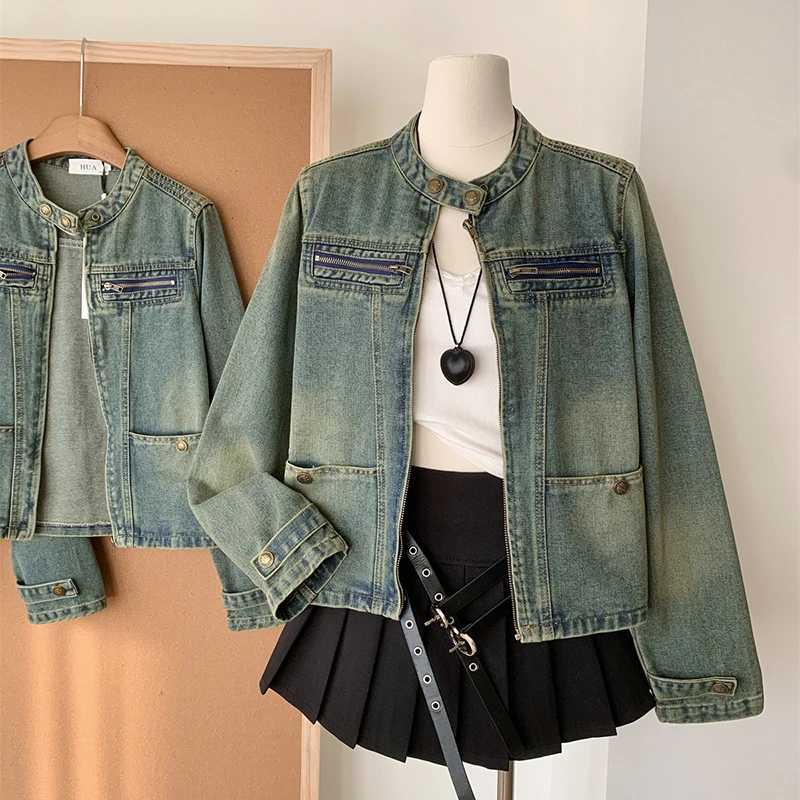 

Streetwear Retro Washed Denim Jacket Women Korean Y2K Casual Loose Long Sleeve Outwear Lady Spring New Segmentation Design Coat