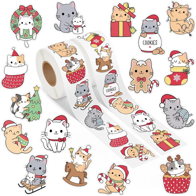 500Pcs Christmas Cat Stickers Roll, Self-Adhesive Holiday Reindeer Puppy Labels For Gift Wrapping, Candy Bag & Scrapbooking