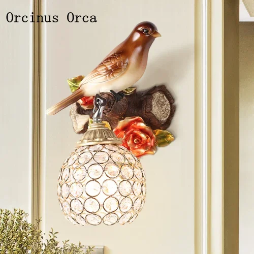 

New Chinese-style retro bird resin wall lamp living room corridor bedside lamp classical creative LED crystal wall lamp