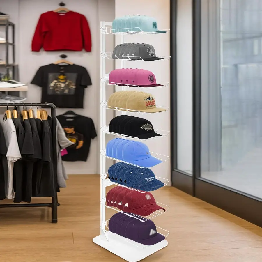 عرض 9 طبقات، حامل القبعة يصل إلى 70 قبعة، حامل القبعات المعدنية للقبعات المتعددة، عرض القبعات التجارية للبيع بالتجزئة، أبيض