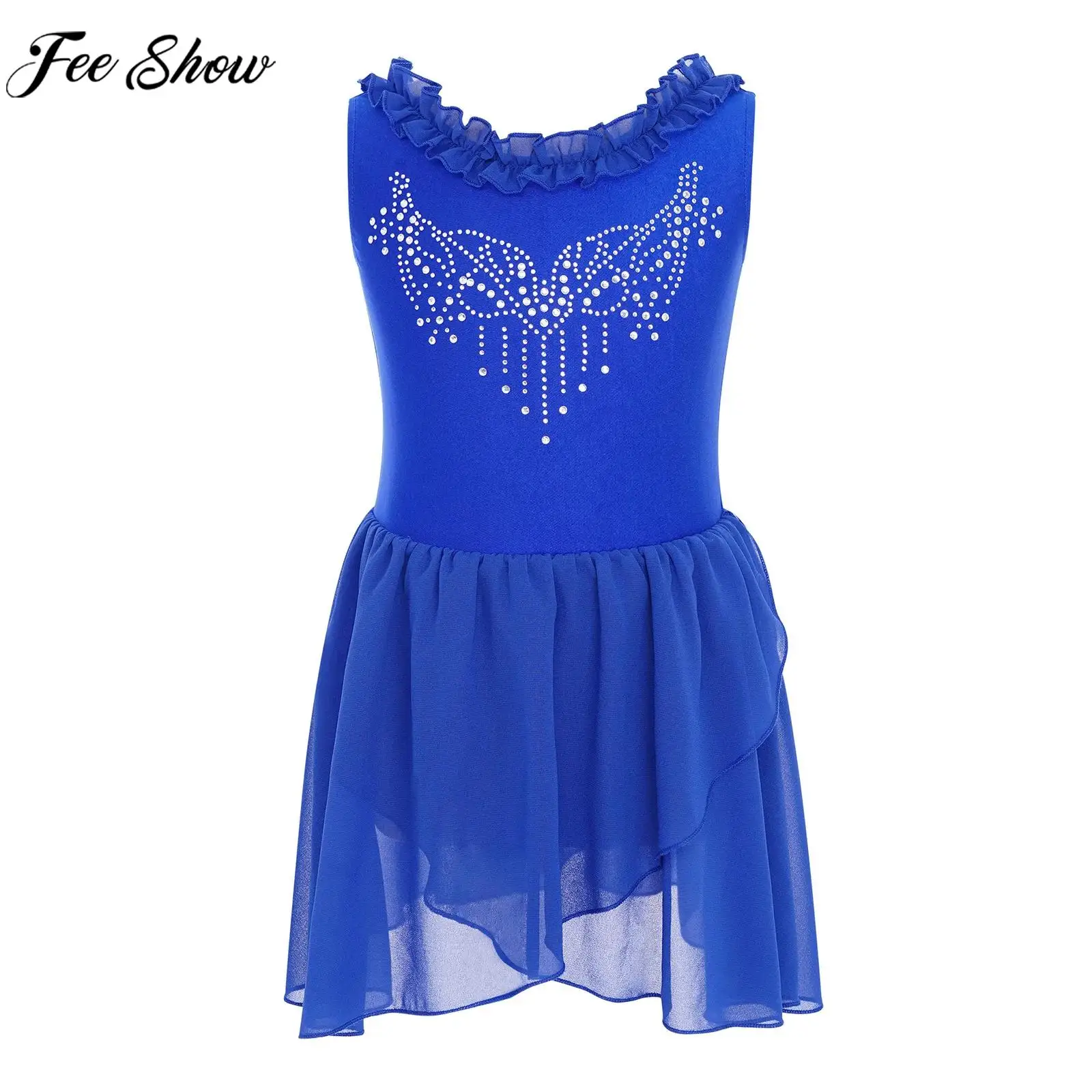 أطفال بنات الشكل التزلج على الجليد أداء زي بلا أكمام لامعة الراين الجمباز الباليه الرقص البهلوانية يوتار فستان