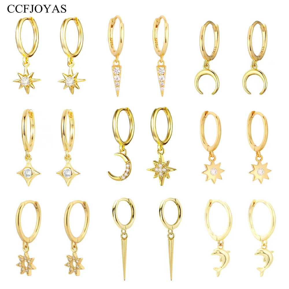 CCFJOYAS 925 스털링 실버 번개/Awl/동물 펜던트 후프 귀걸이 여성을위한 골드 실버 컬러 귀걸이 패션 쥬얼리