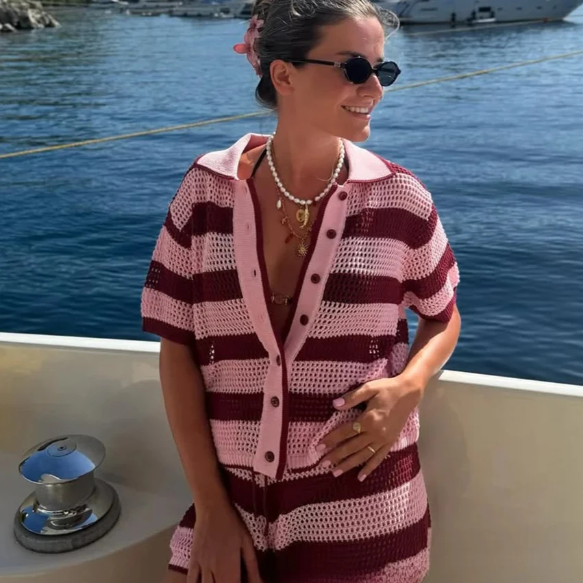

KONDALA Women Knit Shorts Set Contrasting Stripe Short Sleeve Shirt Or Mini Shorts 2025 Summer Fall Fashion Holiday Beach Set
