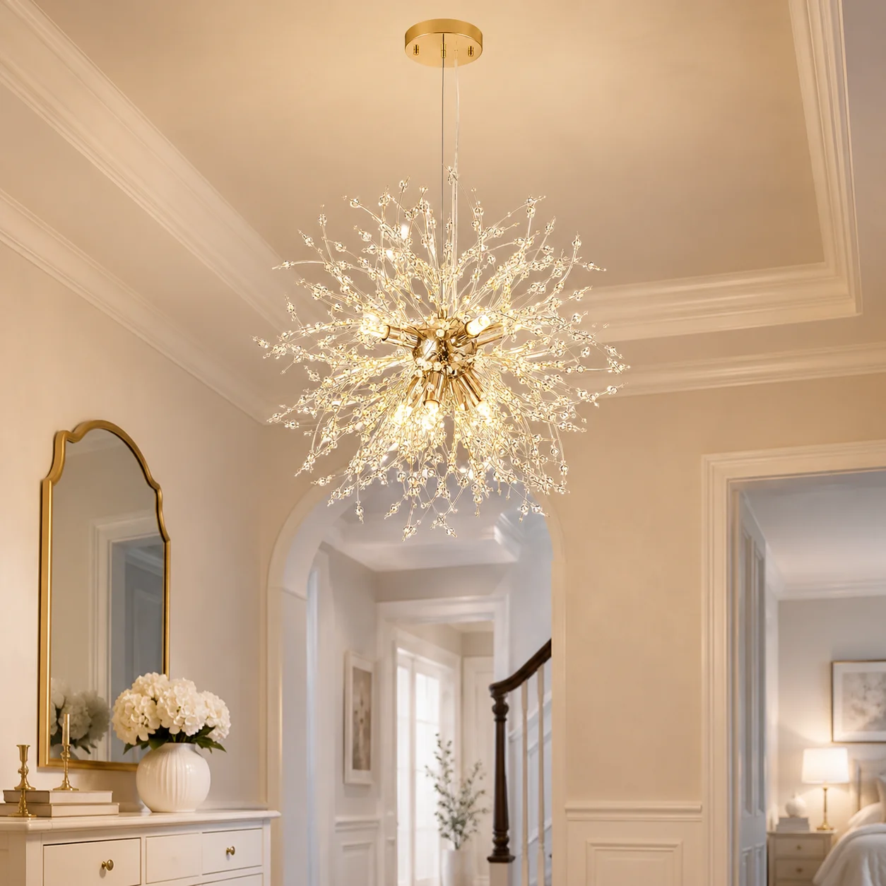 JOYINLED G9 8-Light Adjustable Hanging Chandelier Crystal Chandelier Gold Ceiling Light, Modern Dandelion Firework Pendant Light