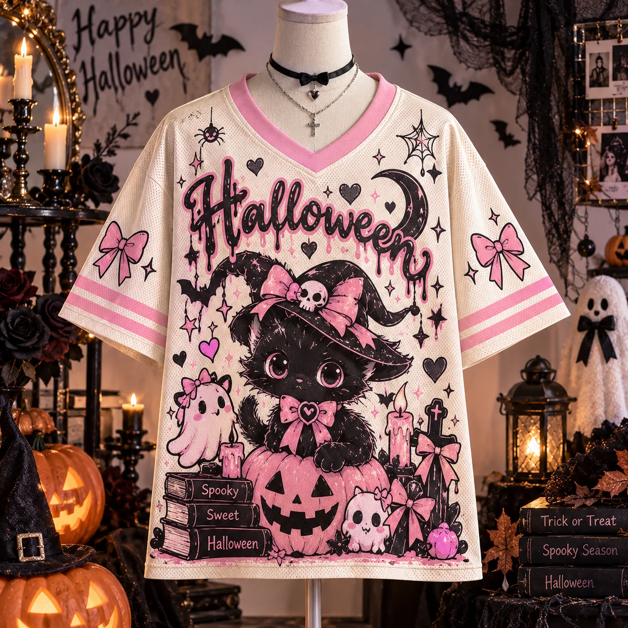 Halloween Cute Black Cat Ghost Pumpkin Print V Neck Oversized Mesh Jersey T-shirt Unisex Short Sleeve Bat Bow Streetwear Tees