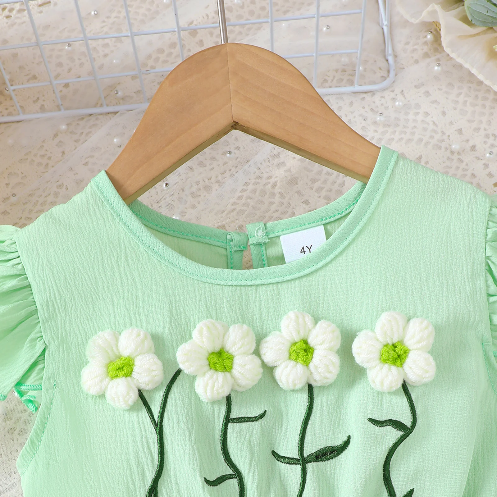 Sommerkleid für Mädchen im Alter von 1-6 Jahren, gestrickter Rock mit kleinen Blumen und Falten, Mini-Tasche, zweiteiliges Set, süßes Kleid im Mädchenstil – Detail 4