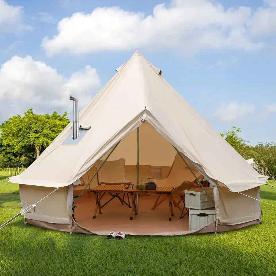 

Customized Luxury tent Waterproof Cotton Tent Canvas Large Family Camp Beige Color Dome Bell Tent For Camping