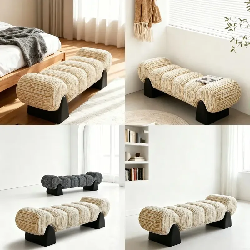Medieval Style Wavy Bedside Stool Striped Fabric Bench Solid Wood Base Household Shoe Changing Stool Leisure Footrest