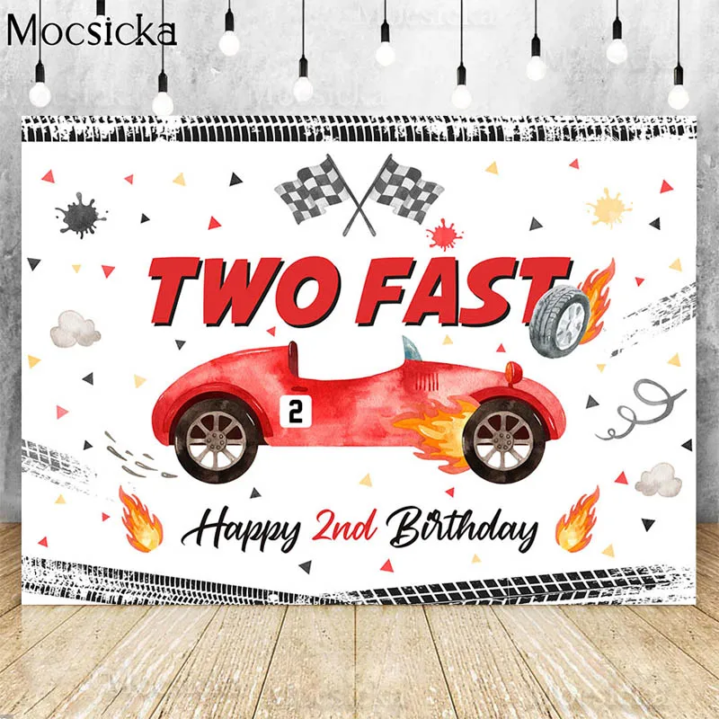 Car Racing 2nd Birthday Photography Backdrops For Boys Two Fast Photo Kids Race Car Themed Party Background Photo Booth Props