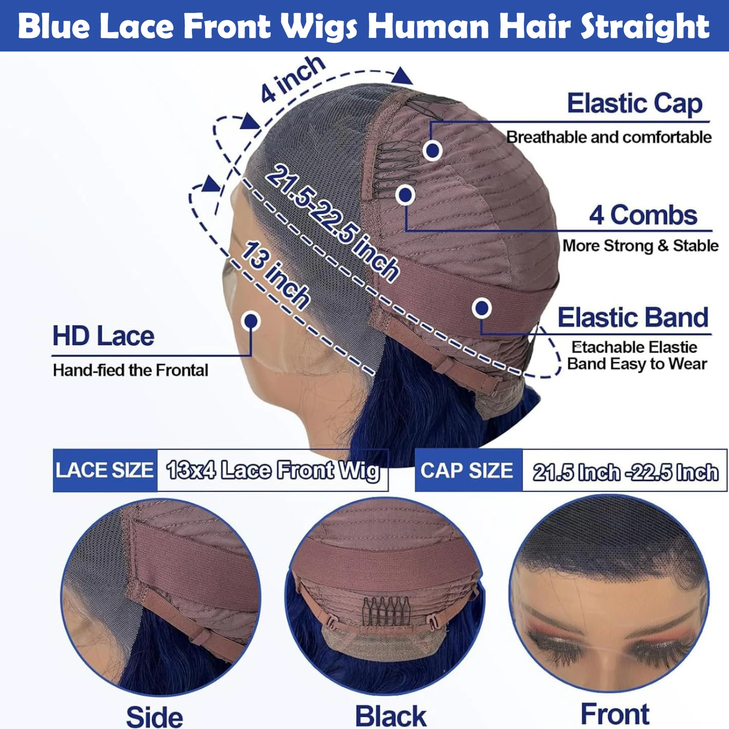 Parrucche anteriori in pizzo 13 × 4 Parrucca blu lunga e setosa Linea sottile naturale Parrucche blu Uso quotidiano Parrucche colorate per capelli umani Cosplay per le donne