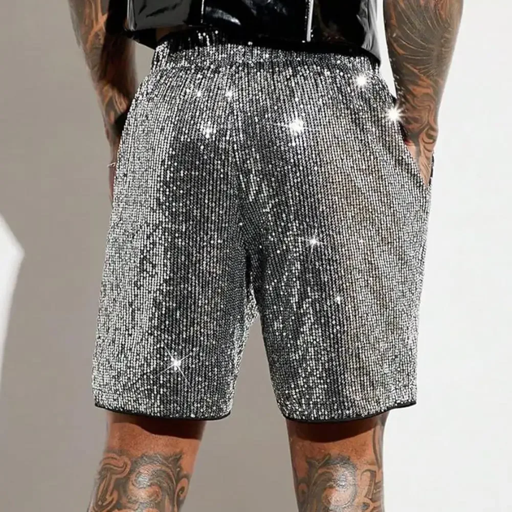 Men Casual Shorts Mid-rise Elastic Waist Knee Length Shorts with Pockets Shiny Sequins Loose Fit Shorts