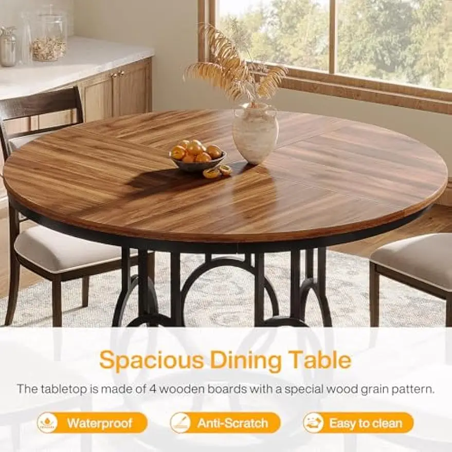 Mesa de jantar redonda para 4-6 pessoas, grande mesa de cozinha, mesa de jantar com base resistente do metal, jantar de madeira, 47 polegadas